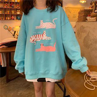 Loose-fit Cat-print Pullover Aqua Blue - One Size