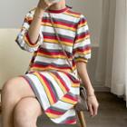 Puff Elbow-sleeve Striped T-shirt Dress
