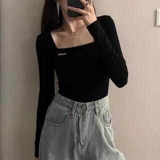Long-sleeve Square-neck Cropped T-shirt Black - One Size