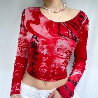 Chinese Character Print Cropped T-shirt