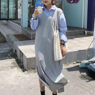 V-neck Split Hem Midi Tank Dress / Plain Shirt