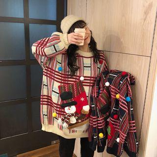 Snowman Accent Pom Pom Plaid Sweater
