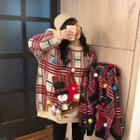 Snowman Accent Pom Pom Plaid Sweater