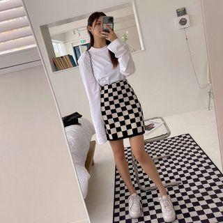 Checked A-line Knit Miniskirt