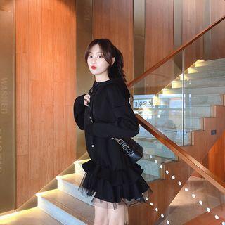 Mock Two-piece Mesh Hem Mini Hoodie Dress As Shown In Figure - One Size