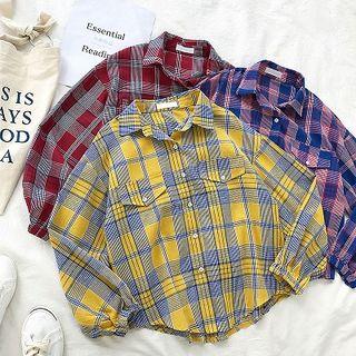 Color-block Plaid Single-breasted Puff-sleeve Blouse