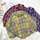 Color-block Plaid Single-breasted Puff-sleeve Blouse