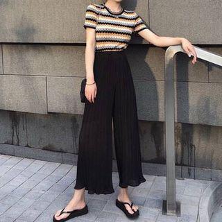 Set: Striped Short-sleeve Knit Top + Wide-leg Chiffon Pants
