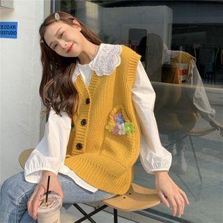 V-neck Knit Vest + Peter Pan Collar Lace-trim Shirt