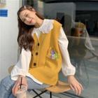 V-neck Knit Vest + Peter Pan Collar Lace-trim Shirt