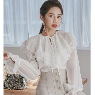 Bell-sleeve Collar Lace Trim Chiffon Blouse