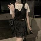 Mock Two Piece Two-tone Ruffle Top / Plain Lace Layered Mini Skirt