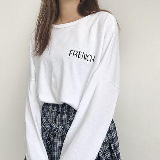 Lettering Long-sleeve T-shirt / Plaid Hanky Hem A-line Skirt