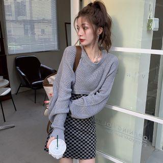 Cropped Sweater / Spaghetti Strap Checkerboard Mini Dress