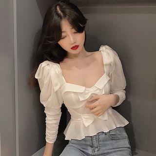 Chiffon Bow Accent 3/4-sleeve Peplum Top