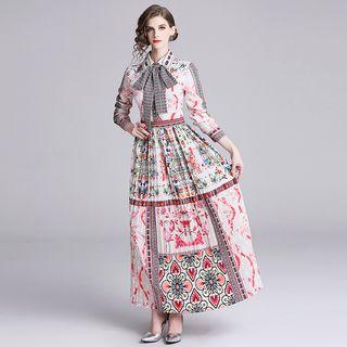 Patterned Tie-neck Long-sleeve Accordion Pleat Midi Dress