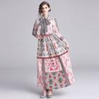 Patterned Tie-neck Long-sleeve Accordion Pleat Midi Dress