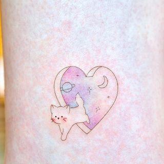 Cat And Heart Print Waterproof Temporary Tattoo One Piece - One Size