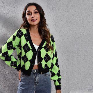 Argyle Color Panel Button-up Cropped Cardigan