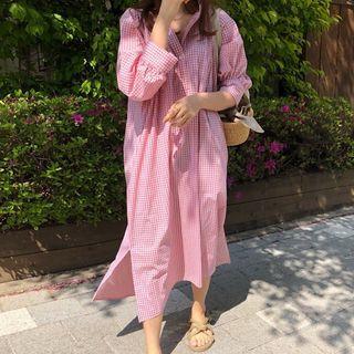 V-neck Plaid Midi Shirt Dress