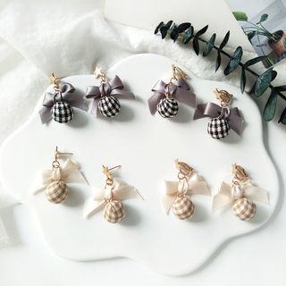 Plaid Fabric Ball Bow & Star Dangle Earring
