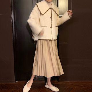 Contrast Trim Button Jacket / Midi Accordion Pleat Skirt