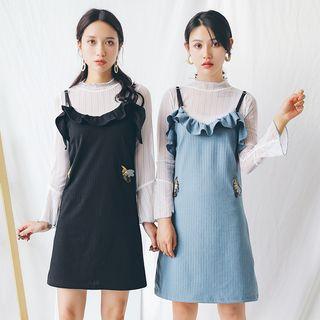 Set: Bell-sleeve Top + Ruffled Strappy Dress