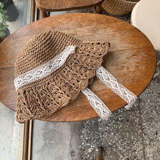 Lace-trim Woven Hat Brown - One Size