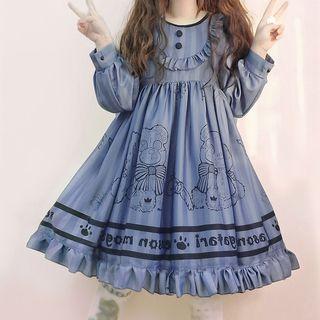 Long-sleeve Bear Printed A-line Dress