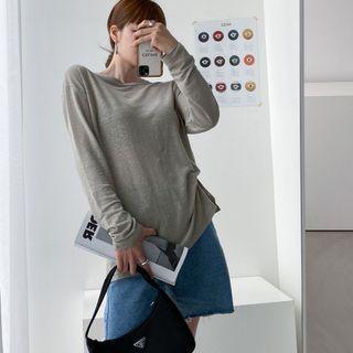 Long-sleeve Linen Blend Plain T-shirt