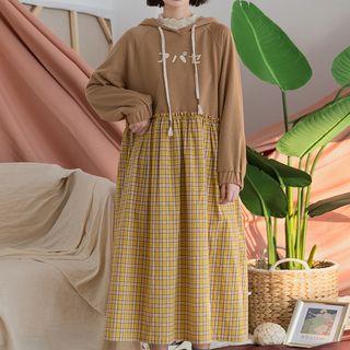 Plaid Panel A-line Midi Hoodie Dress As Shown In Figure - One Size