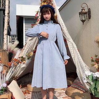 Long-sleeve Mock Neck Midi A-line Corduroy Dress