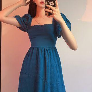 Puff-sleeve Cutout-back Midi A-line Dress Blue - One Size