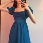 Puff-sleeve Cutout-back Midi A-line Dress Blue - One Size