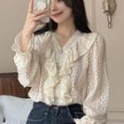 V-neck Ruffle Collar Lace Top Almond - One Size