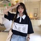 Elbow-sleeve Collar Cat Print T-shirt