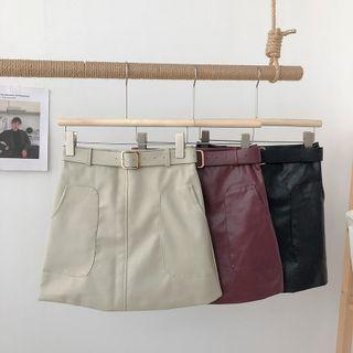 Plain High-waist A-line Skirt + Belt
