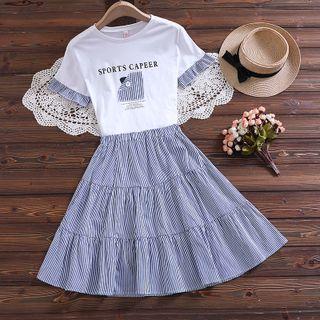 Set: Short-sleeve Striped Trim Lettering Print T-shirt + Tiered A-line Skirt