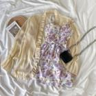 Spaghetti Strap Floral Print Mini A-line Dress / Open-front Chiffon Light Jacket / Set