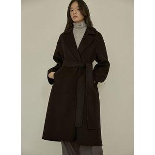 Notch-lapel Woolen Long Wrap Coat With Sash
