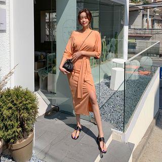 Drop-shoulder Tie-waist Long Dress