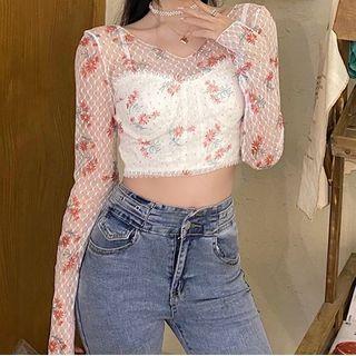 V-neck Floral Mesh Crop Top / Plain Camisole Top