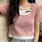 Short-sleeve Copped Knit Mock Two Piece Top