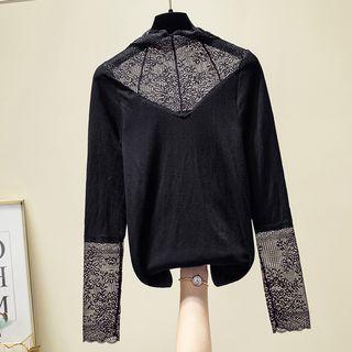 Lace Panel Long-sleeve Knit Top Black - One Size