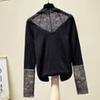 Lace Panel Long-sleeve Knit Top Black - One Size