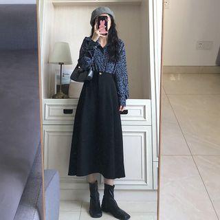 Set: Long Sleeve Leopard Print Shirt + Midi A-line Skirt