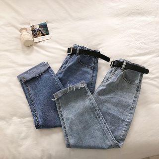 Frayed High-waist Denim Cropped Pants With Belt