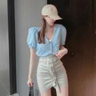V-neck Puff-sleeve Blouse / Ruffled Mini Pencil Skirt