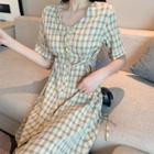 Short-sleeve Plaid Midi A-line Dress Plaid - Green & White - One Size