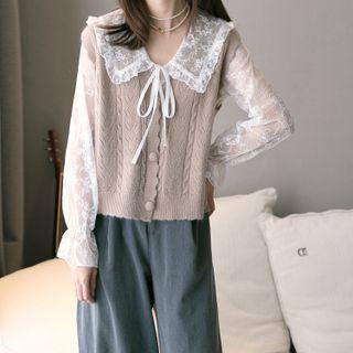 Long-sleeve Lace Blouse / Button-up Sweater Vest
